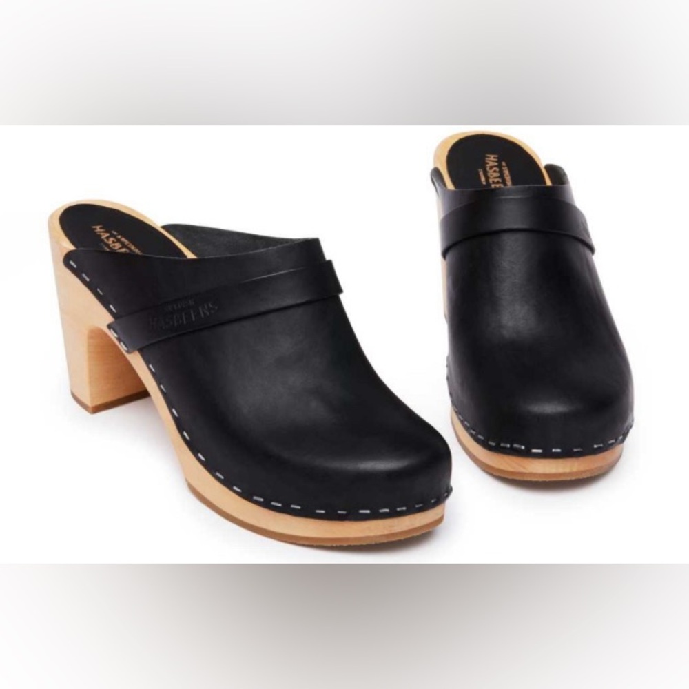Swedish Hasbeens Slip in Classic Clog Black Leather  - Size US 7.5 / EU 38